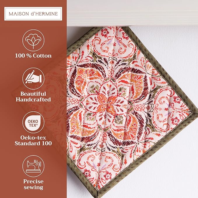 Maison d' Hermine Pot Holders Set 100% Cotton Heat Resistant Potholders 8" x 8" Hot Pads with Loop BBQ, Cooking, Baking, Grilling, Kitchen, Handling Hot Pans (Pack of 2, Damask)