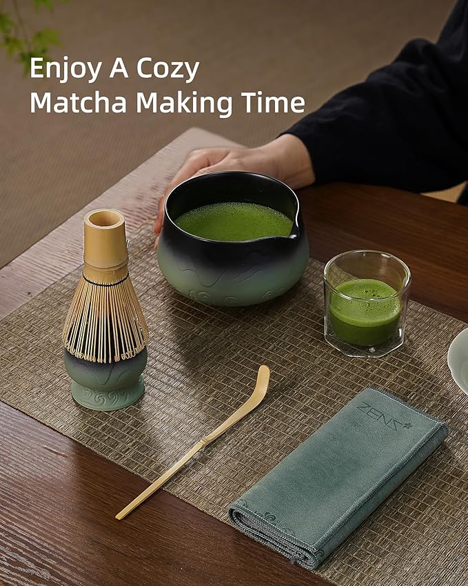 ZENS Matcha Whisk Set, 15oz Ceramic Matcha Set with Bowl and Bamboo Whisk, Scoop, (Chasen Holder) -Tea Towel, 5pcs Matcha Kit for Matcha Lovers, Sage Green