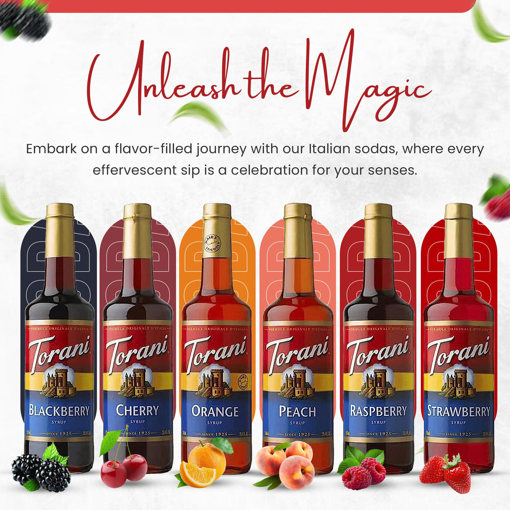 Torani Fruit Bowl Syrup Variety Pack – Raspberry, Strawberry, Blackberry, Cherry, Orange & Peach Flavors for Italian Soda, Lemonade, Tea, Mocktails & Drinks | 6 Pack with 6 Pumps