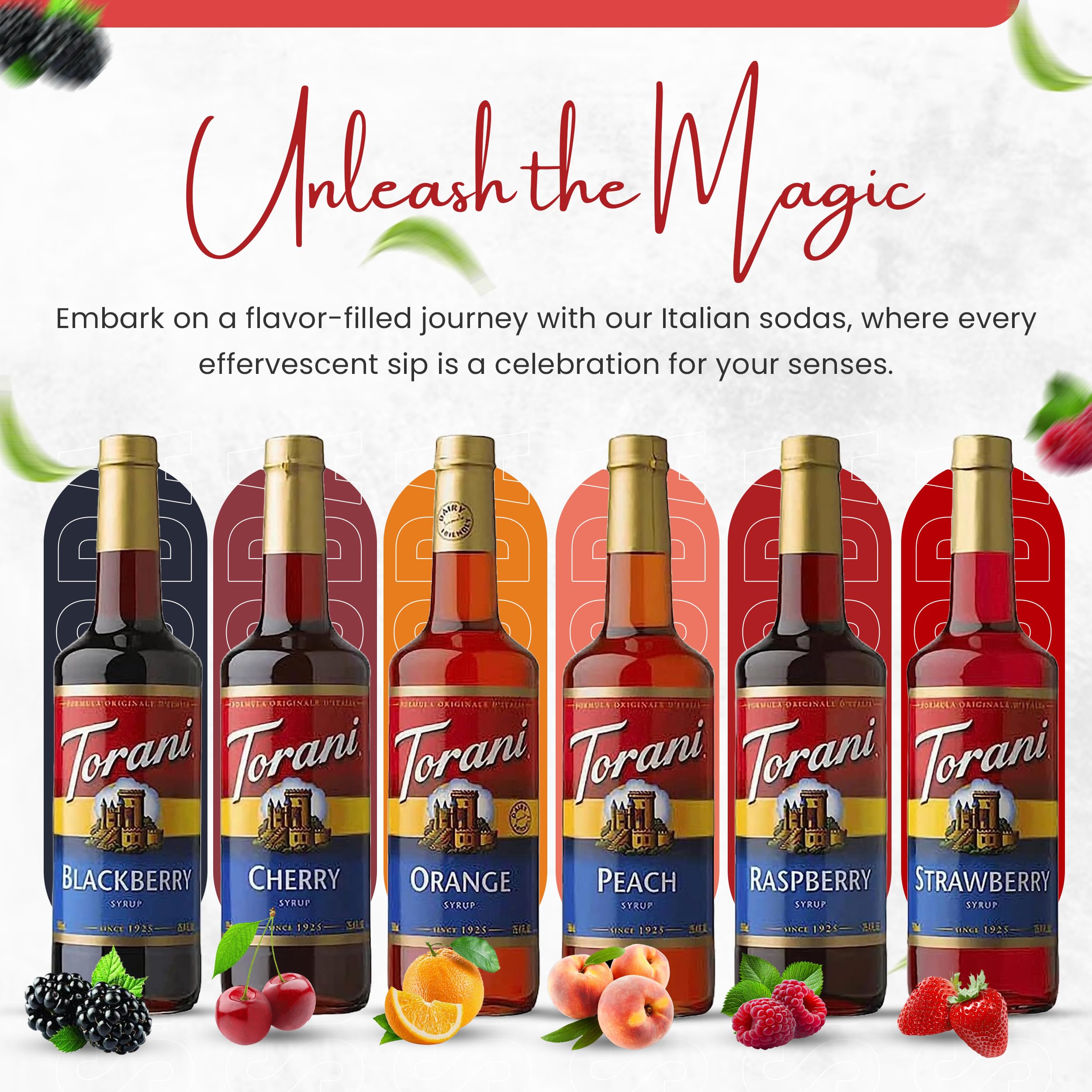 Torani Fruit Bowl Syrup Variety Pack – Raspberry, Strawberry, Blackberry, Cherry, Orange & Peach Flavors for Italian Soda, Lemonade, Tea, Mocktails & Drinks | 6 Pack with 6 Pumps