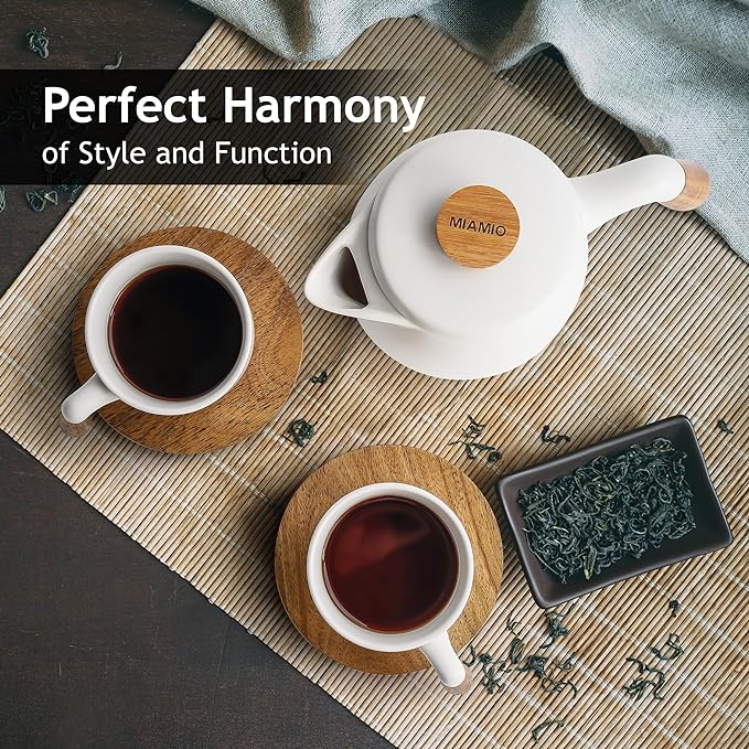 MIAMIO – 34 Oz Ceramic Tea Pot Set with Infuser and Cups/Tea Strainer, 4 Ceramic Tea Mugs (10 Oz), Bamboo Saucers/Handle for Home and Office (White)