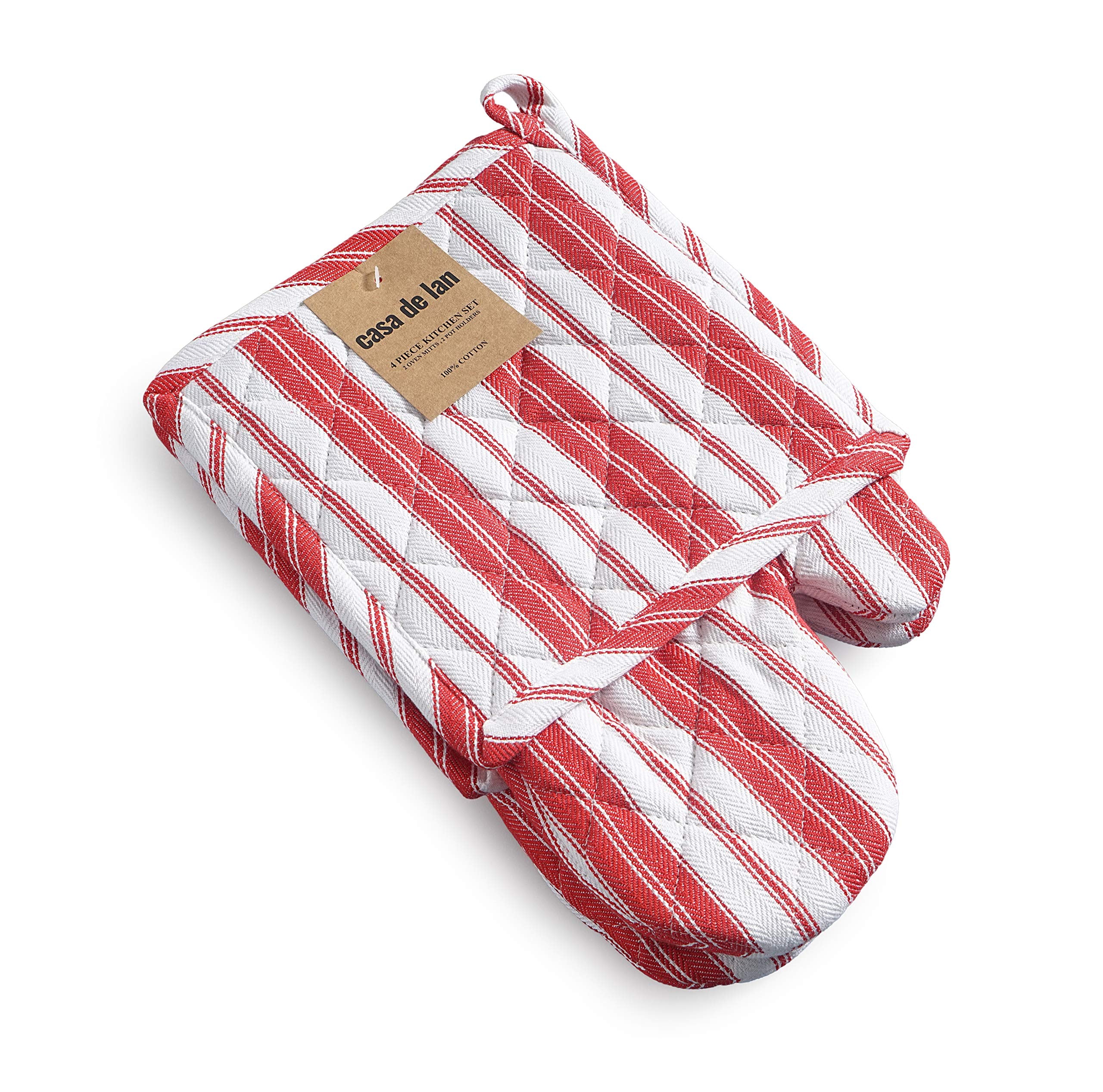 1 Oven Mitt, 1 PotHolder & 1 Kitchen Apron Set - Durable Heat Resistant Gloves - Thick Mittens for Kitchen - Suitable for Cooking, Baking, Grilling – Men & Women – Bright Red Stripes - Casa De Lan