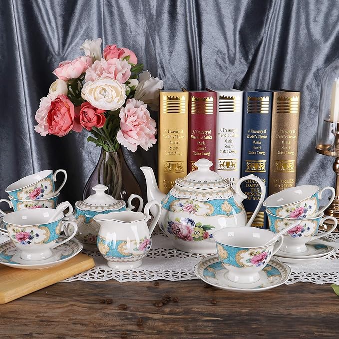 fanquare 15 Pieces European Retro Rose Tea Set,English Flora Tea Set for Adults,Porcelain Coffee Set