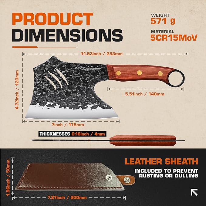 TUO Wild Forged Meat & Bone Cleaver Knife, 7 inch Heavy Duty Butcher Knife with Sheath, Bone Cutter for Meat Cutting, Kitchen Outdoor Cooking, Gift - Red Sandalwood Handle