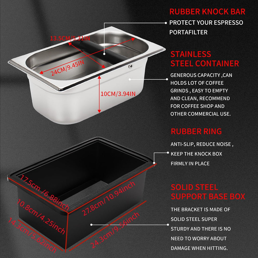 DIBTSA Espresso Knock Box,Stainless Steel Coffee Pucks Container, with Steel Holder and Noise Reduction Rubber Ring (10.94 x 6.88 x 4.25 inch)