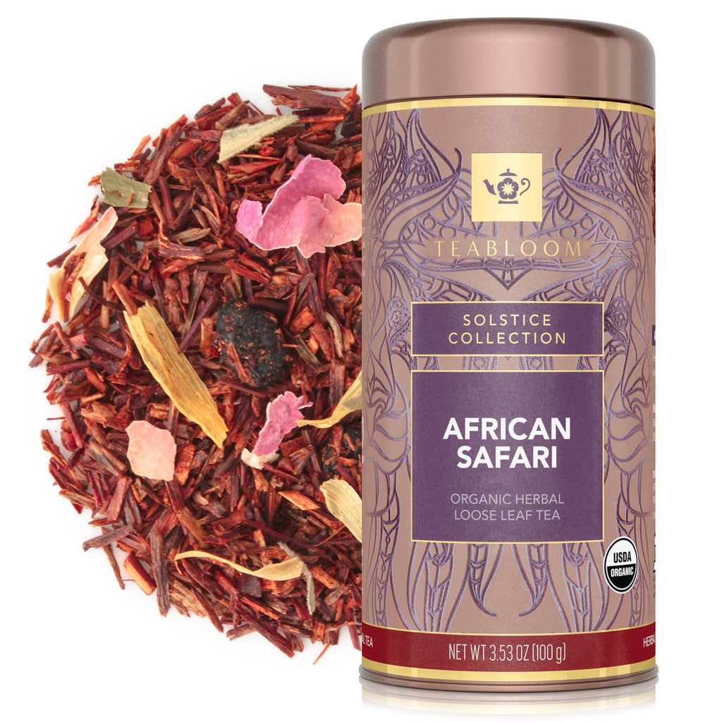 Teabloom Organic Herbal Tea, African Safari Loose Leaf Tea, Sweet Rooibos Blend with Berry Flavors and Vanilla, USDA Certified Organic, Fresh Whole Leaf Blend in Reusable Gift Canister, 3.53 oz/100 g Canister Makes 35-50 Cups