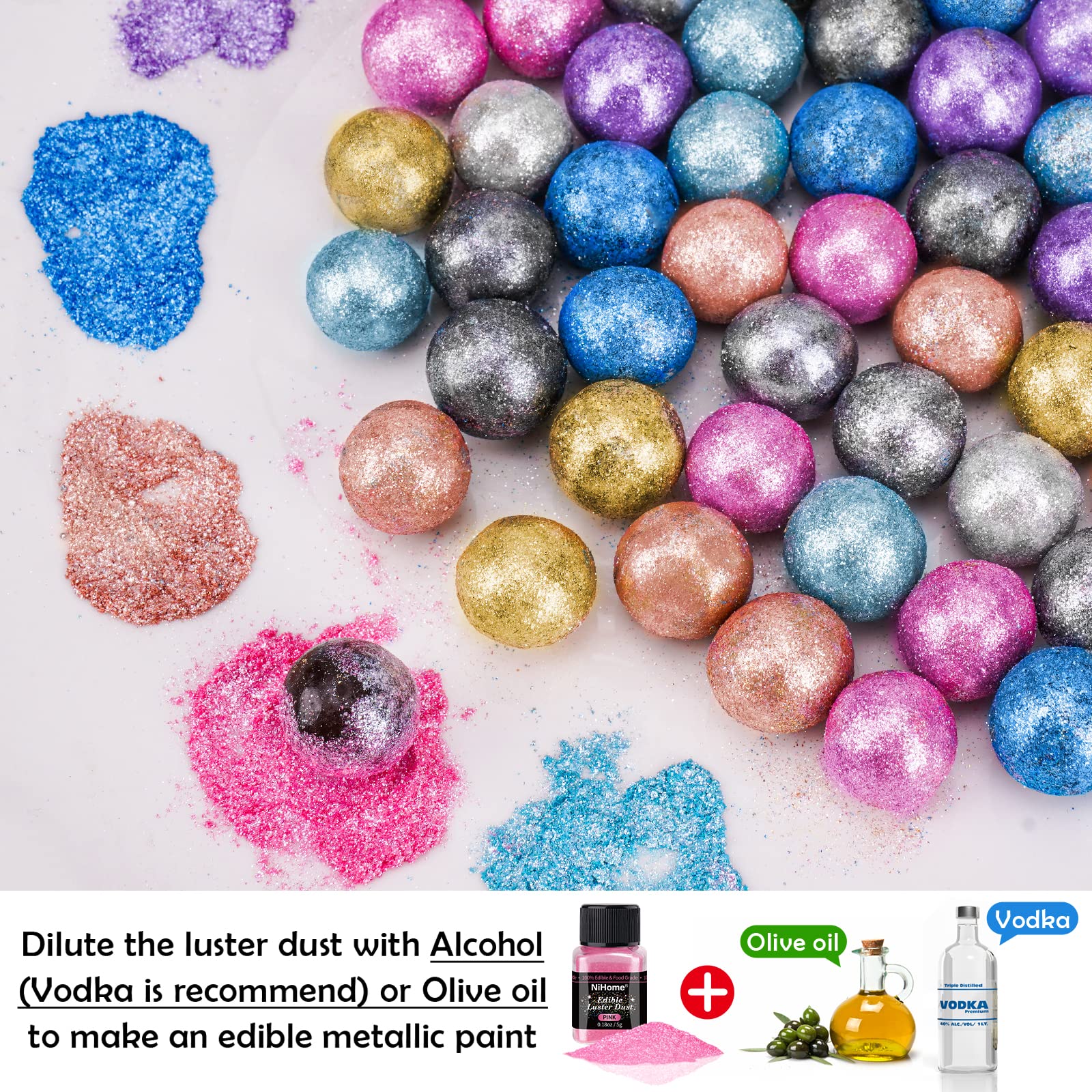 NiHome Edible Glitter Luster Dust, Vegan Shimmer for Drinks, Dessert, Pink