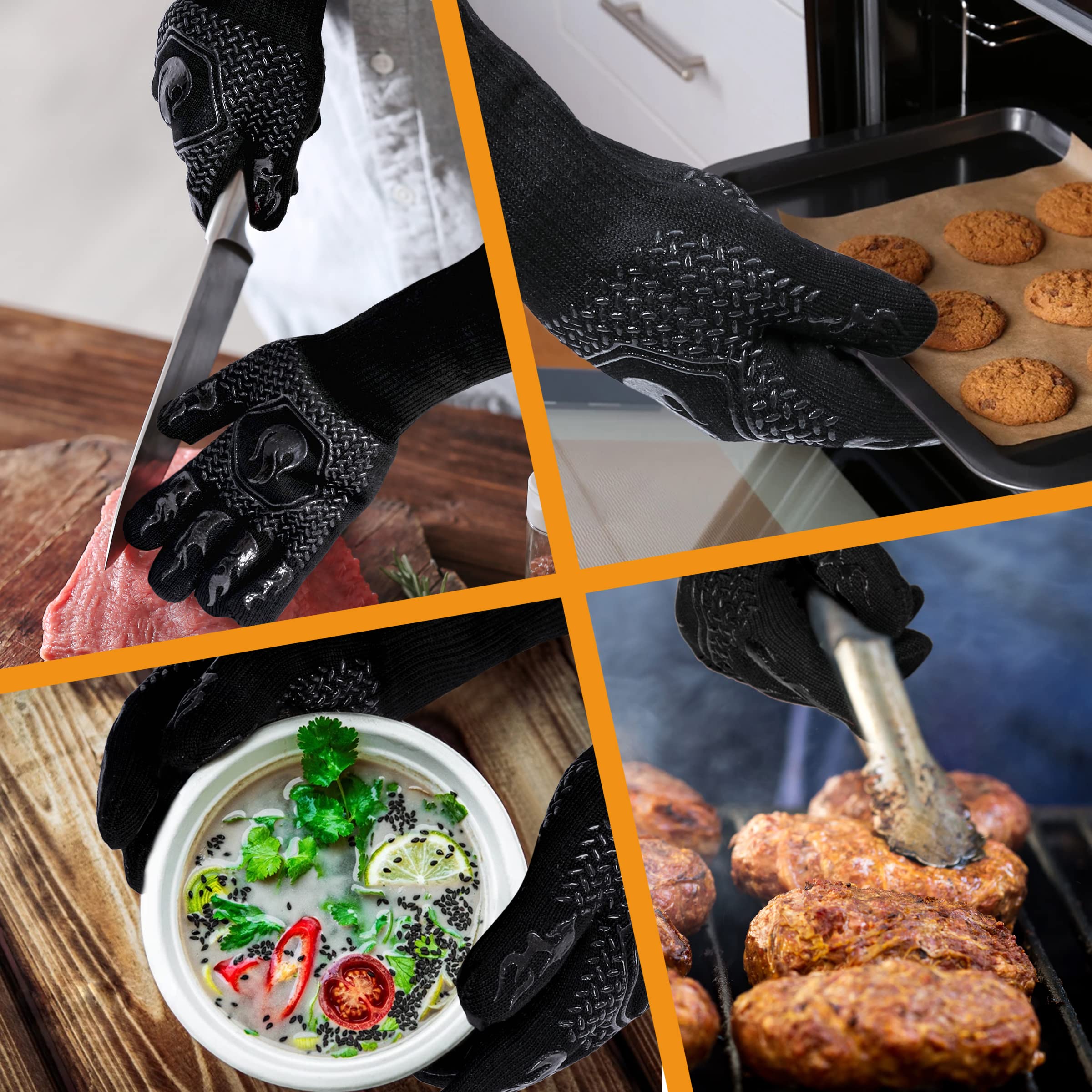 BBQ Gloves 1472F Heat Resistant Non-Slip Silicone 13.5in (Black)