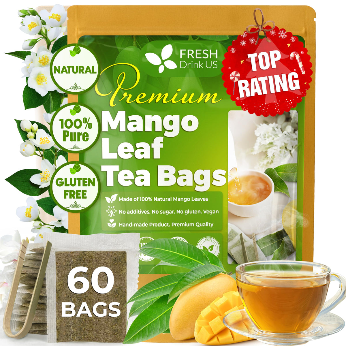 FreshDrinkUS, Premium 75 Papaya Leaf Tea Bags, 100% Natural & Pure from Papaya Leaves. Loose Leaf Herbal Tea. Made with Natural Material Tea Bags. No Sugar, No Caffeine, No Gluten, Vegan.
