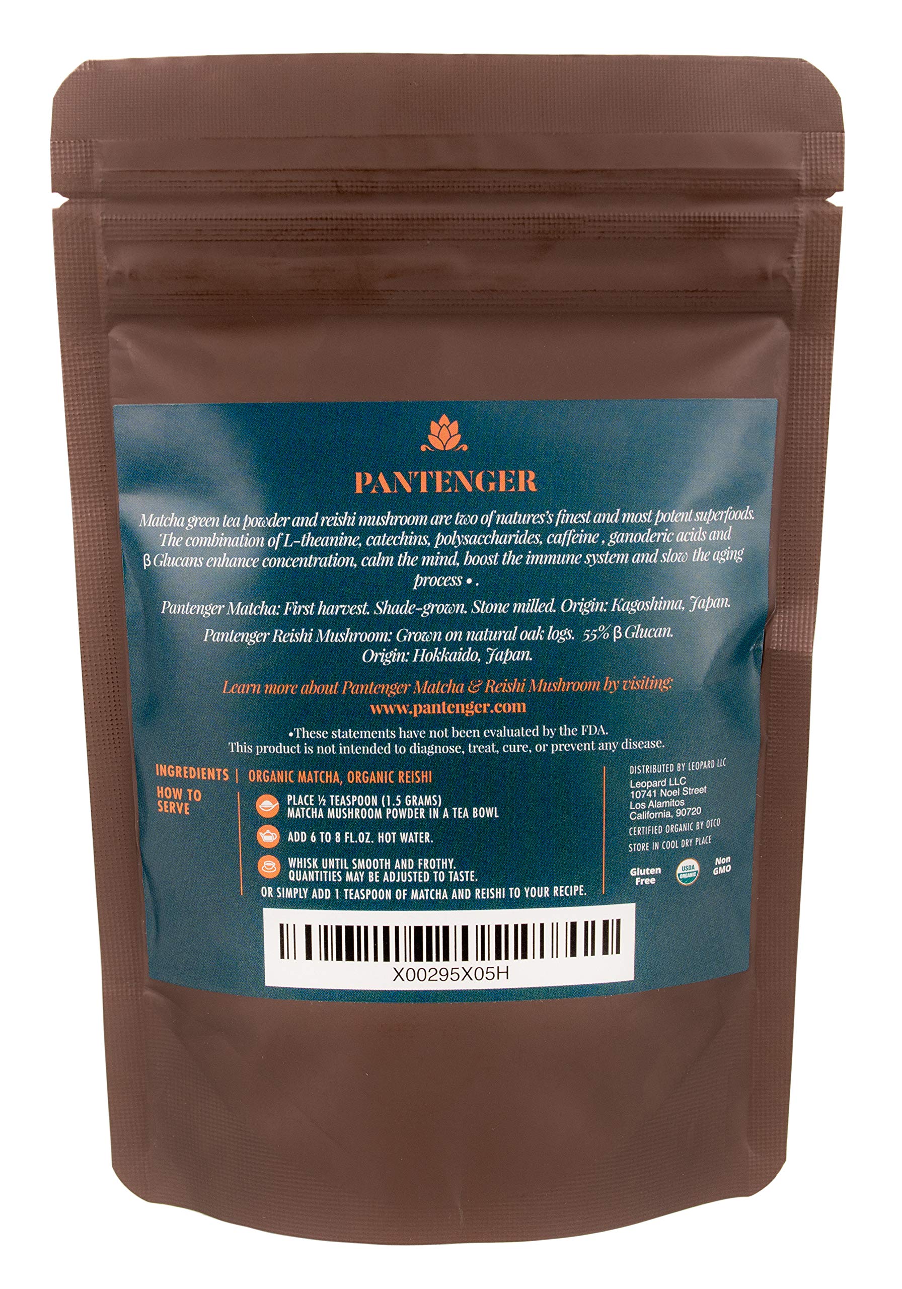 Pantenger Matcha Green Tea Powder and Reishi Mushroom. 2.12 OZ (60 grams). USDA ORGANIC. Japanese Reishi Mushroom with Japanese Matcha Tea.