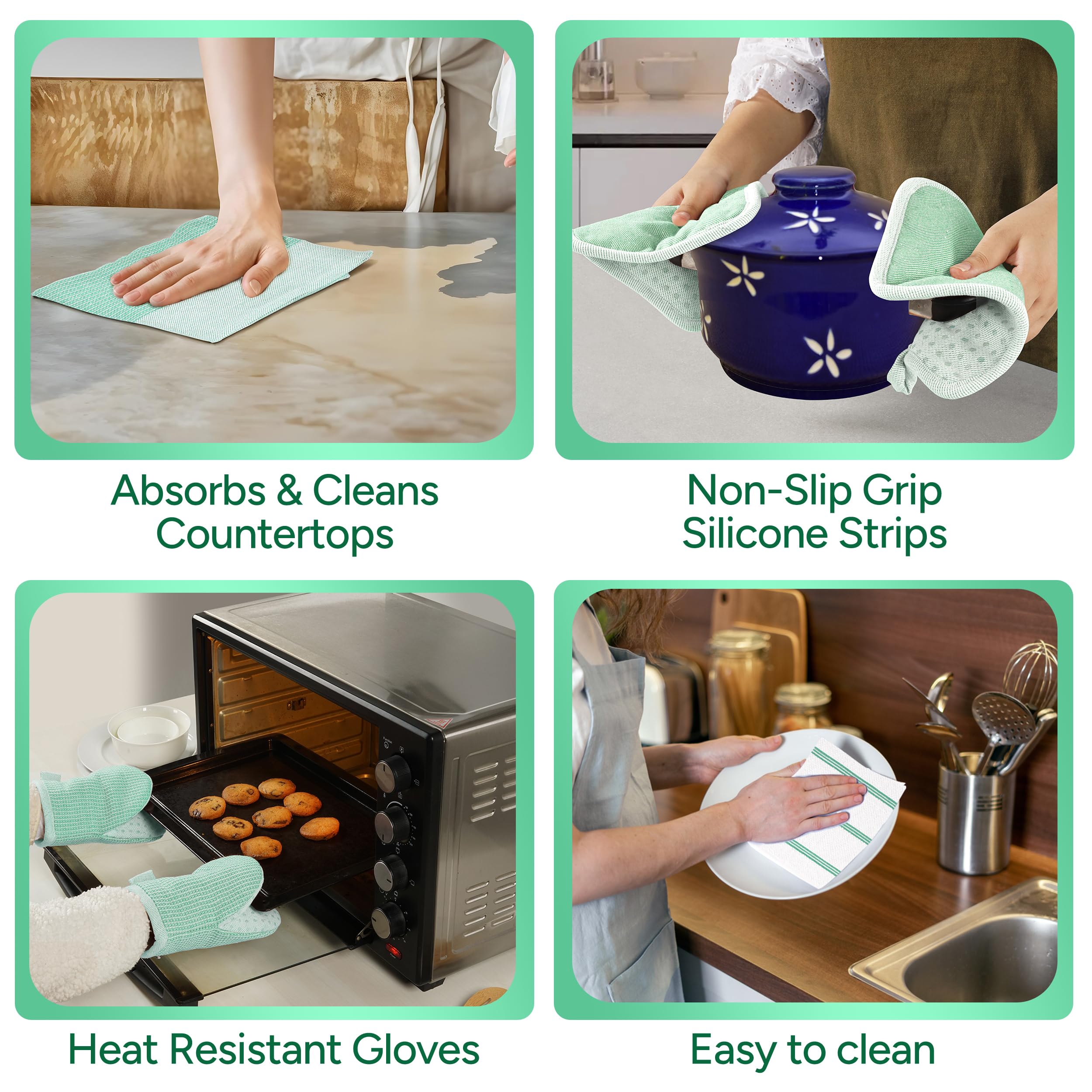Casa Platino Potholders & Oven Mitts Heat Resistant, 8-Piece Mini Oven Mitt with Silicone Grip, Potholder for Kitchens, 2 Kitchen Towels & 2 Dish Cloths – Durable & Non-Slip – Sage