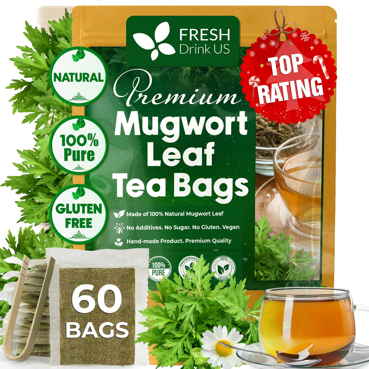 FreshDrinkUS, Premium 60 Mugwort Leaf Tea Bags, 100% Natural and Pure Mugwort Leaves. No Sugar, No Caffeine, No Gluten, Vegan.