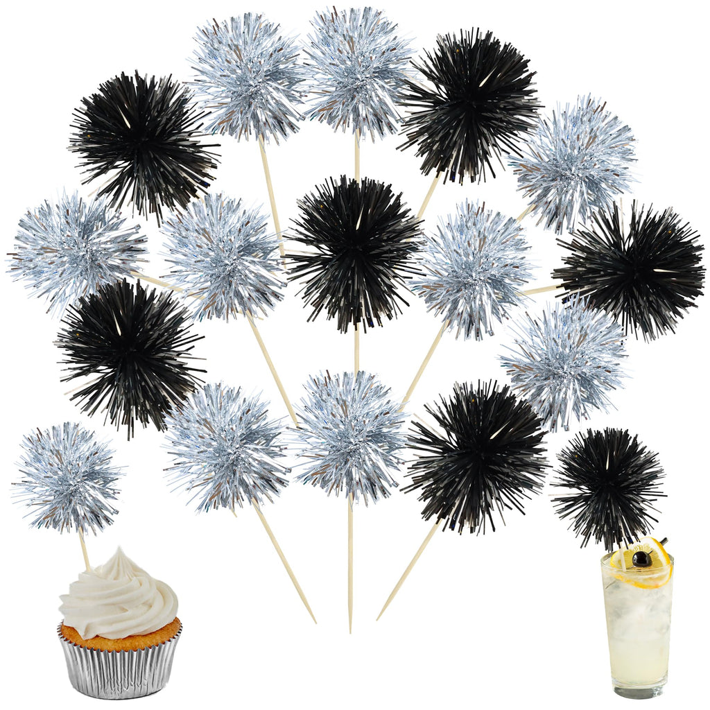 Ephlyn 30Pcs Foil Firework Cupcake Toppers Sparkles Fireworks Sticks Birthday Decorations Sparkle Tinsel Cocktail Fruit Toothpick for Birthday Wedding Graduation Party Cake Decorations Black Silver