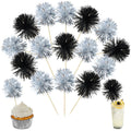 Ephlyn 30Pcs Foil Firework Cupcake Toppers Sparkles Fireworks Sticks Birthday Decorations Sparkle Tinsel Cocktail Fruit Toothpick for Birthday Wedding Graduation Party Cake Decorations Black Silver