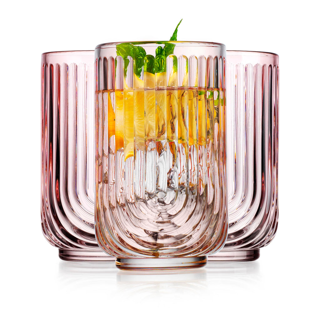 Glaver's Vintage Glassware Art Deco Glasses Ribbed Drinking Glasses U-Shape Arch Design Colored Cocktail Kitchen Tumblers Everyday Dinner Decorative Party Hand-Wash Only (Pink S/4 17oz)