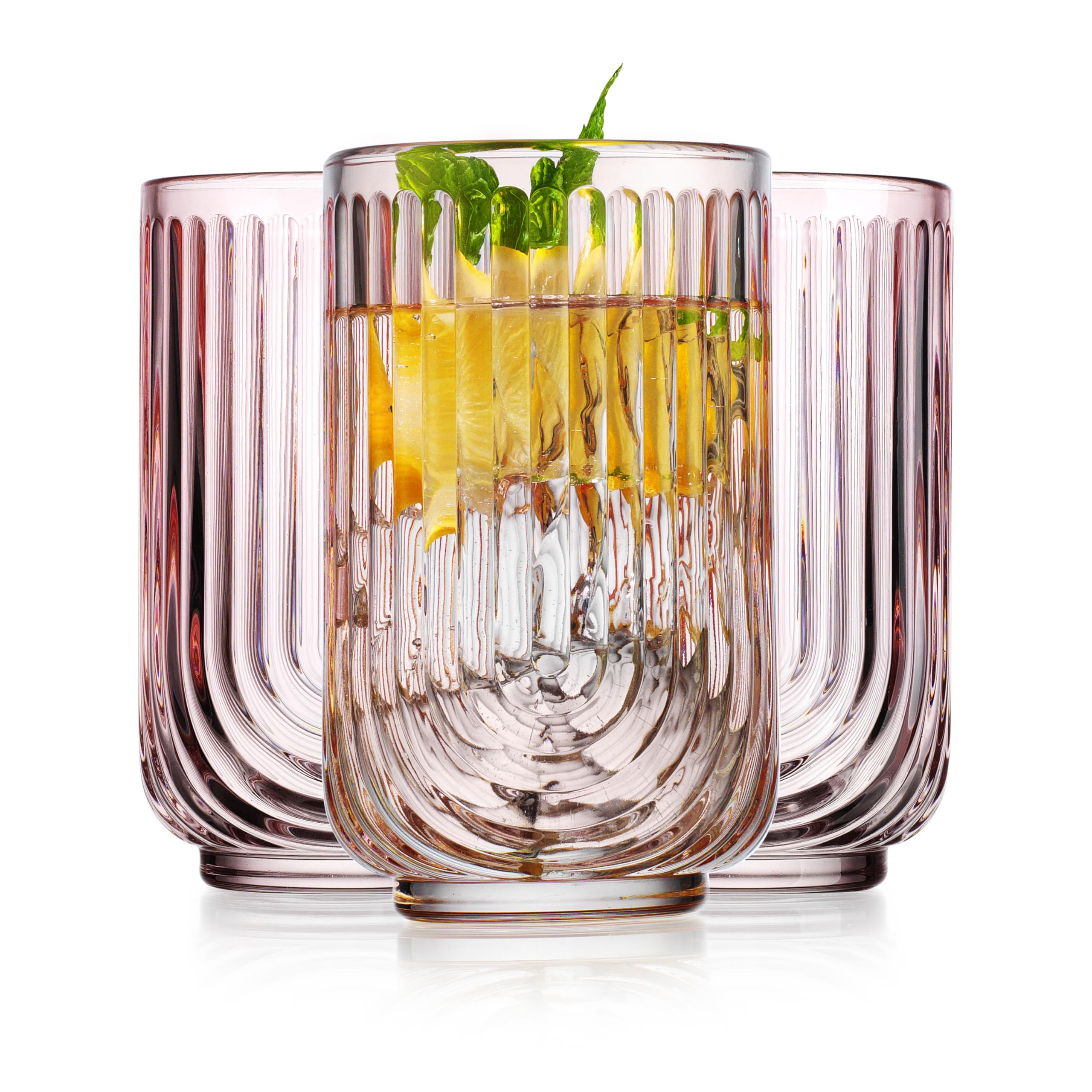 Glaver's Vintage Glassware Art Deco Glasses Ribbed Drinking Glasses U-Shape Arch Design Colored Cocktail Kitchen Tumblers Everyday Dinner Decorative Party Hand-Wash Only (Pink S/4 17oz)