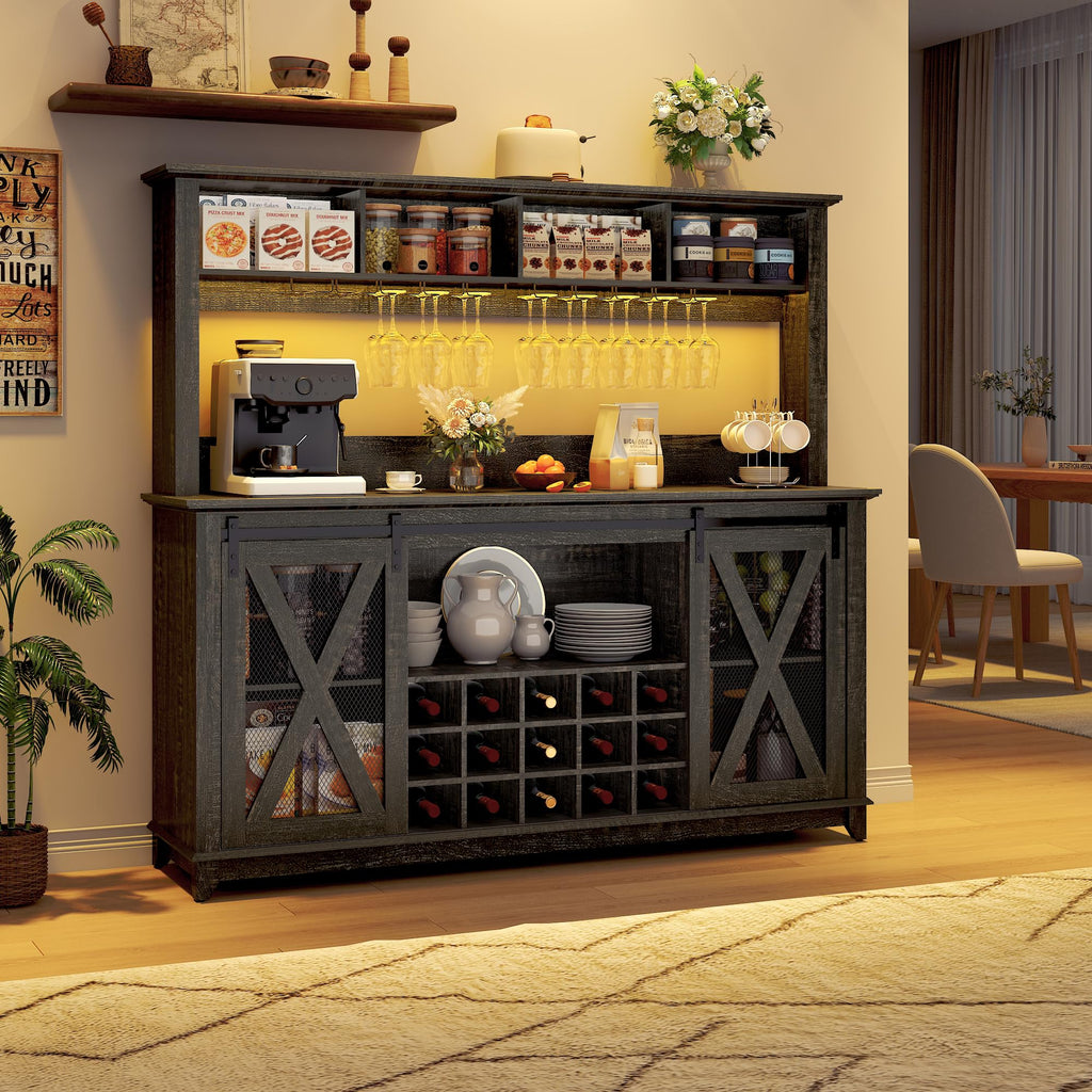63"Wide 58"H Farmhouse Coffee Bar Cabinet with Power Outlet and LED Light,Wine Bar Cabinet w/ 4 Storage Hutch,Kitchen Buffet Cabinet with 15 Wine and Glass Racks for Kitchen Dining Room(Dark Oak)