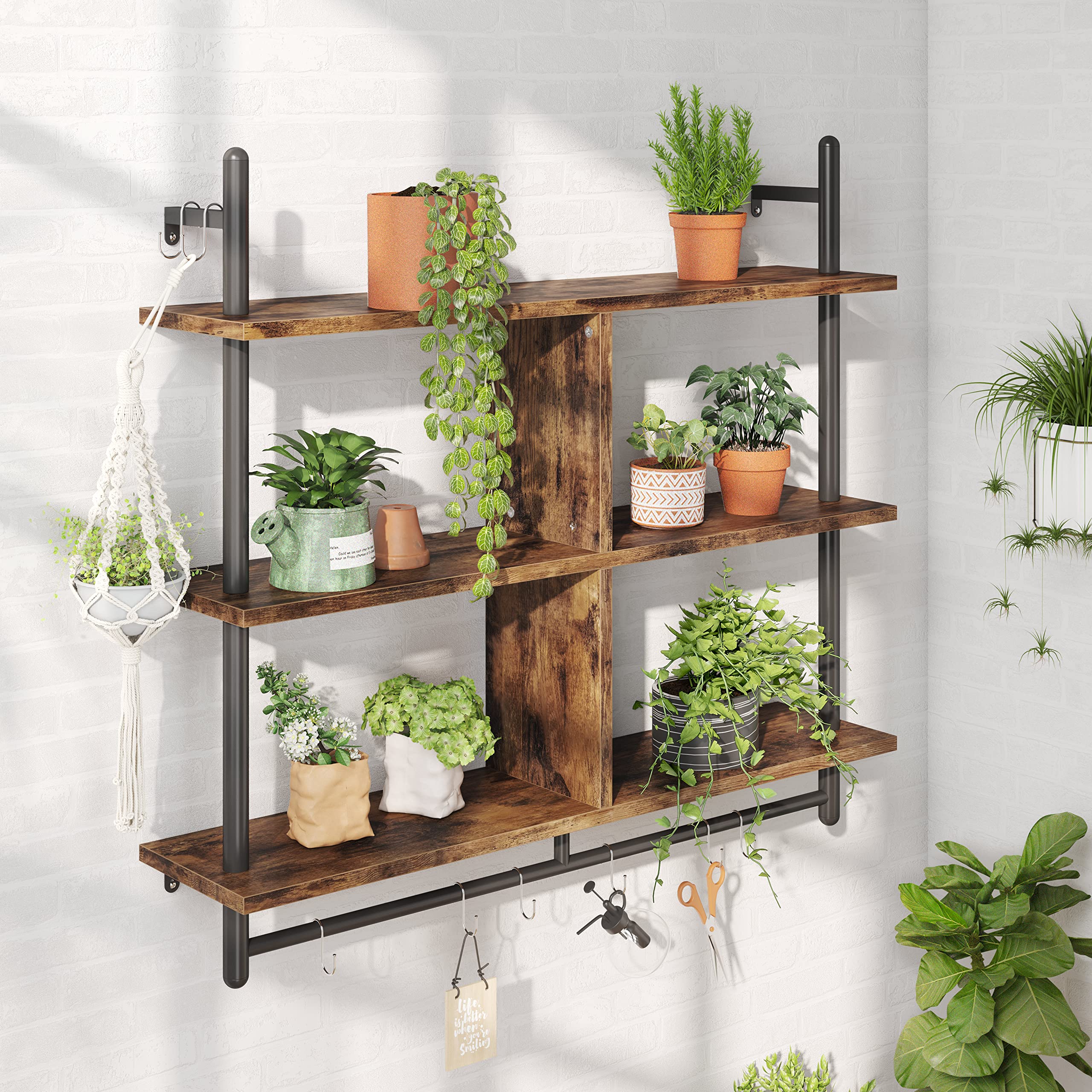 Bestier 41.5" Floating Shelves for Wall 3 Tier Kitchen Shelves Wall Mounted Coffee Bar Shelf Hanging Shelf with 8 Hooks, Industrial Display Pipe Shelving for Kitchen Living Room Bathroom, Rustic Brown