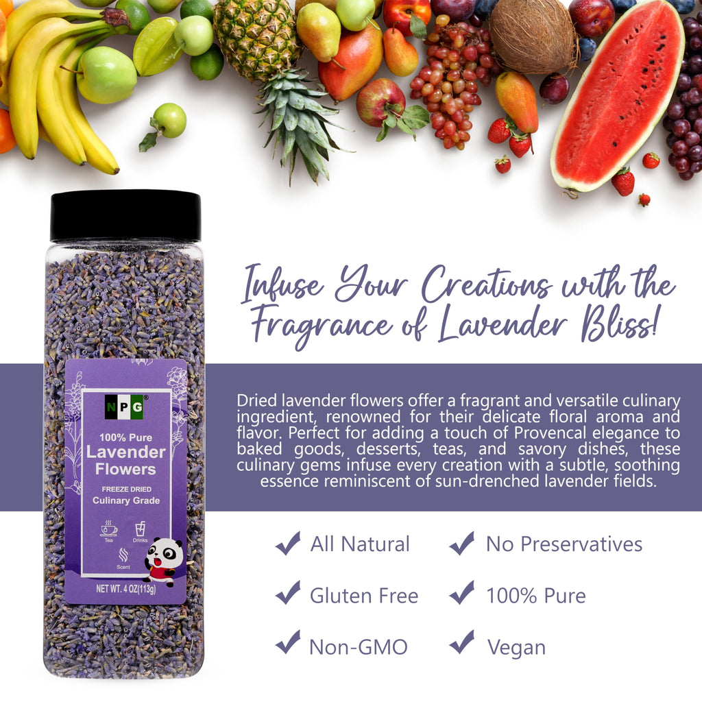 NPG Freeze Dried Lavender Flowers 4 Oz, Culinary English Lavender Buds