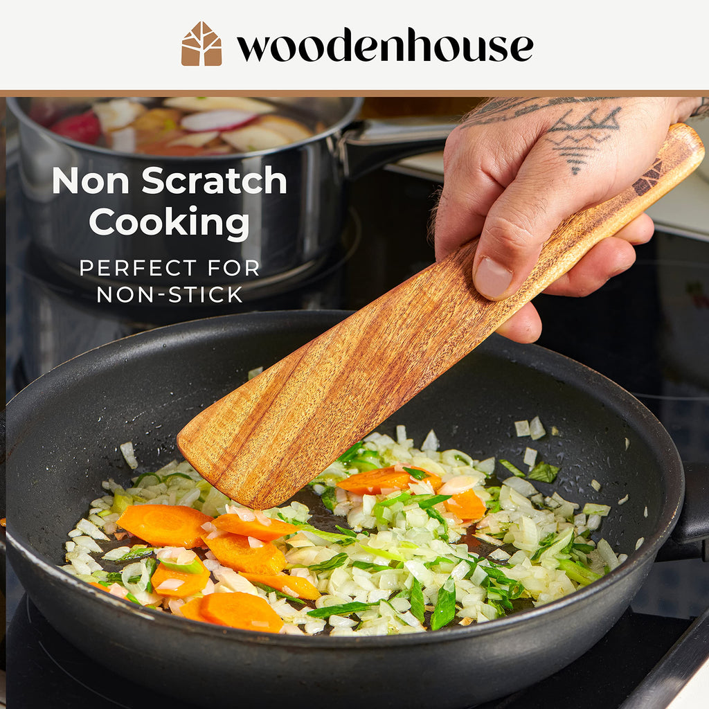 Wooden Spatula for Cooking, Teak Wood Set of 4 for Non Stick Frying Pan