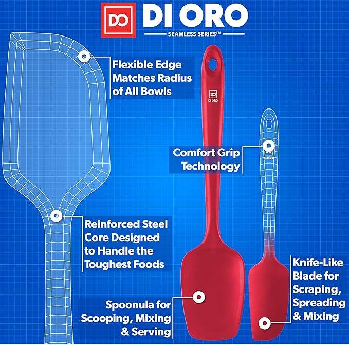 di Oro Living Silicone Spatula Set - 3-piece 600F Heat-Resistant Baking Spoon & Spatulas - Ergonomic Easy-to-Clean Seamless One-Piece Design - Pro Grade Non-stick Rubber with Stainless Steel S-Core Technology! (Red)