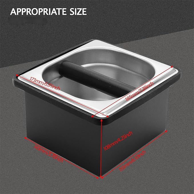 Espresso Knock Box,Stainless Steel Coffee Pucks Container, with Steel Holder and Noise Reduction Rubber Ring (7.28 x 6.8 x 4.25 inch)