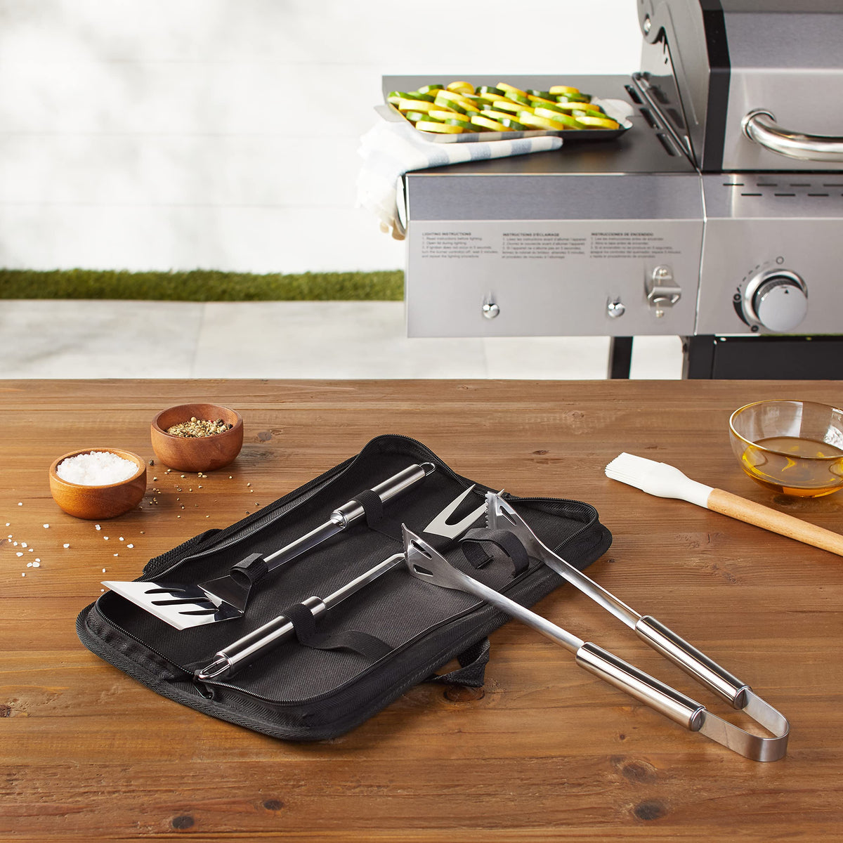 4-Piece Stainless Steel BBQ Grilling Tool Set with Carry Bag, Rust-Resistant, Dishwasher Safe