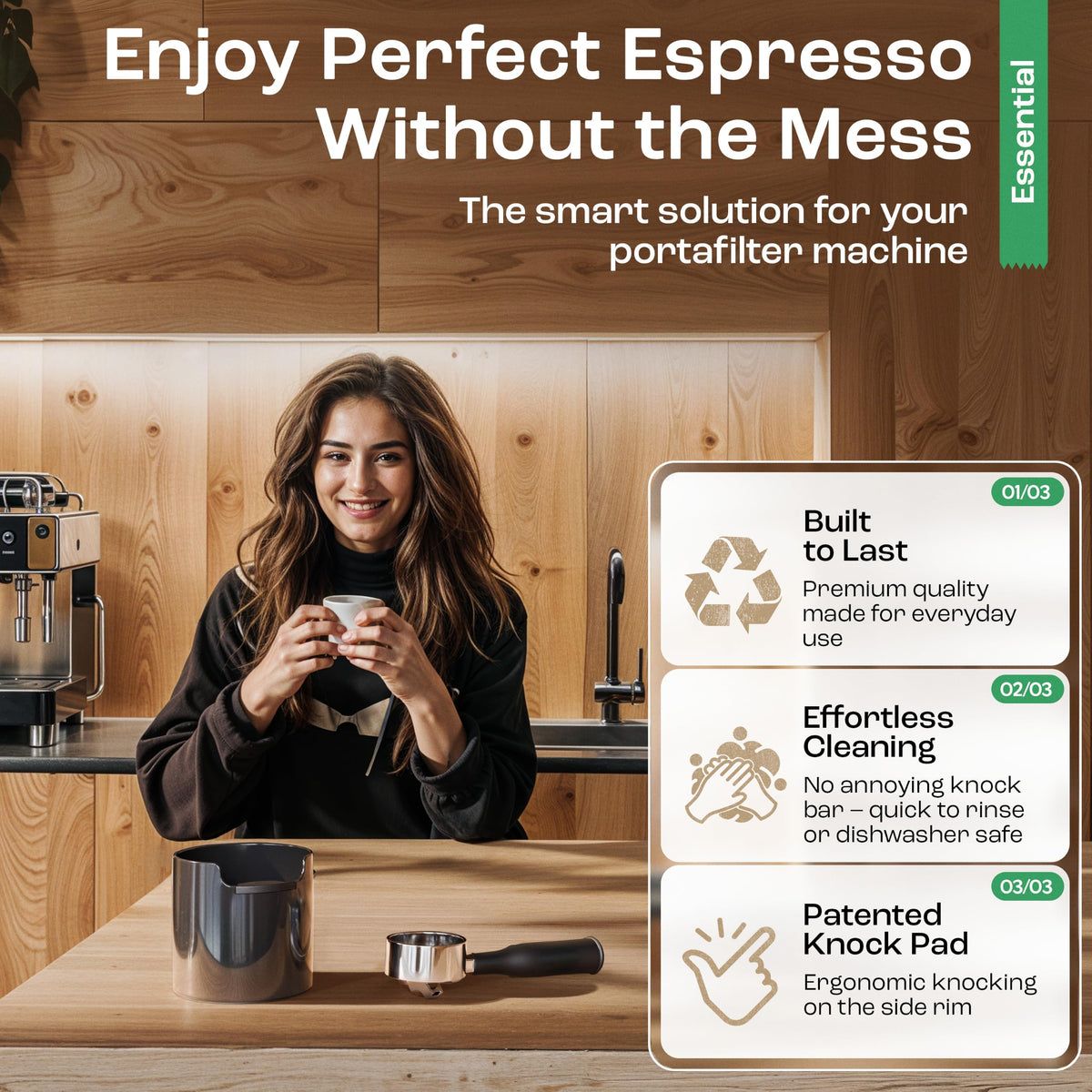 homeffect Knock Box for Coffee Grounds - Innovative Barista Accessory with Improved Handling - Coffee Knock Box for Espresso Machine, Black