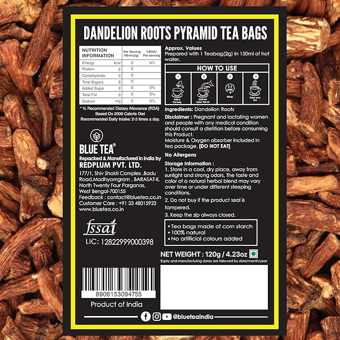 BLUE TEA - Dandelion Root Tea - 60 Count - Pyramid Plant Based Tea Bag | Support Kidney Function and Healthy Digestion | Detox Tea | Herbal Tea - Caffeine Free - Non-Bitter - Mild Flavor | Zipper Pack