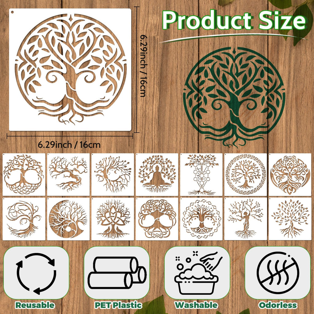Yazhiji 15Pcs 6 x 6 Inch Tree of Life Stencil, Reusable Stencils for Painting on Wood Decoration Painting Templates for Wall Floor DIY Decorations Christmas Gifts for Kids