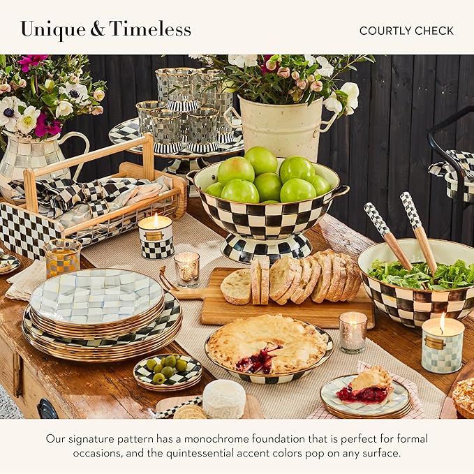 MACKENZIE-CHILDS Enamel Pie Plate, Ovenproof Pie Pan for Cooking and Serving, Black-and-White Courtly Check