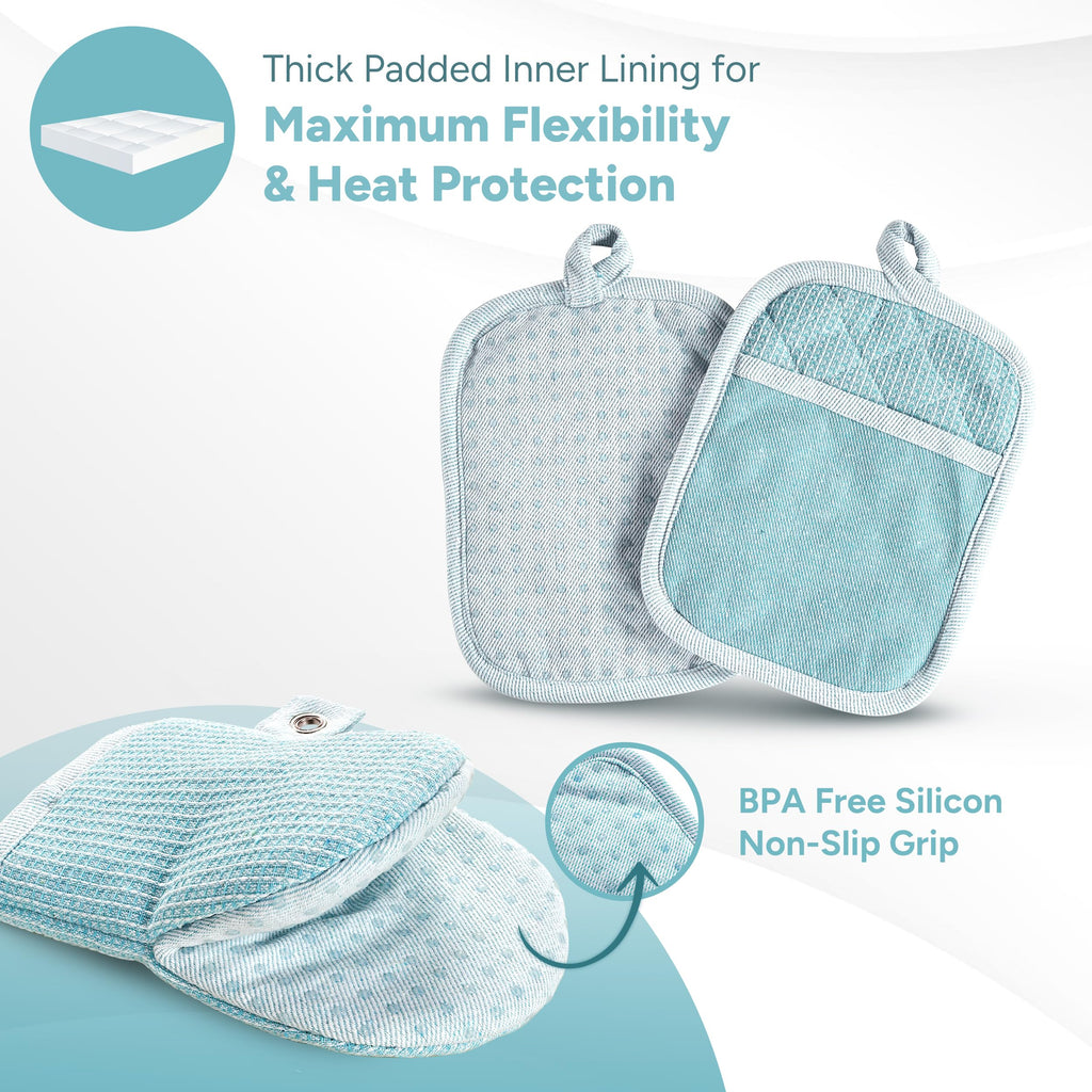 Casa Platino Silicone Oven Mitts & Pot Holders, 4-Piece – Oven Mitt for Baking & BBQ, Pot Holder for Kitchen, Hot Dishes & Microwave – Heat Resistant Up to 500°F, Non-Slip & Machine Washable – Aqua