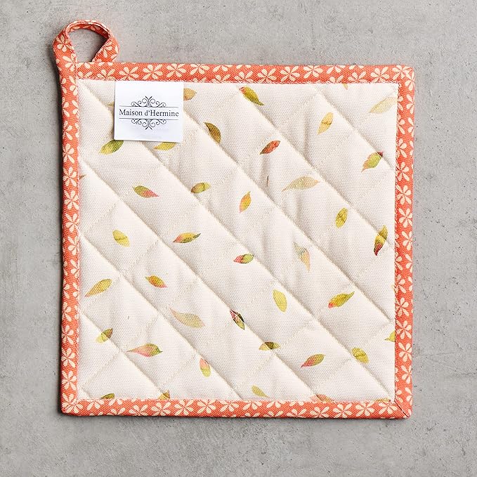 Maison d' Hermine Pot Holders Set 100% Cotton Heat Resistant Potholders 8" x 8" Hot Pads with Loop BBQ, Cooking, Baking, Grilling, Kitchen, Handling Hot Pans (Pack of 2, Pumpkin Passion)