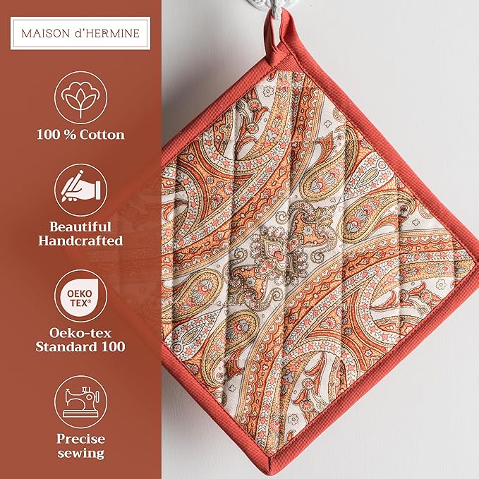 Maison d' Hermine Pot Holders 100% Cotton Heat Resistant Potholders 8" x 8" Hot Pads with Loop BBQ, Cooking, Baking, Grilling, Kitchen, Handling Hot Pans (Pack of 1, Kashmir Paisley)