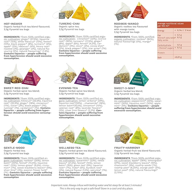 Creano Organic Herbal Tea Gift Set "Organic Herbal Tea" – 24 Pyramid Tea Bags in 9 Different Varieties – 60 g*