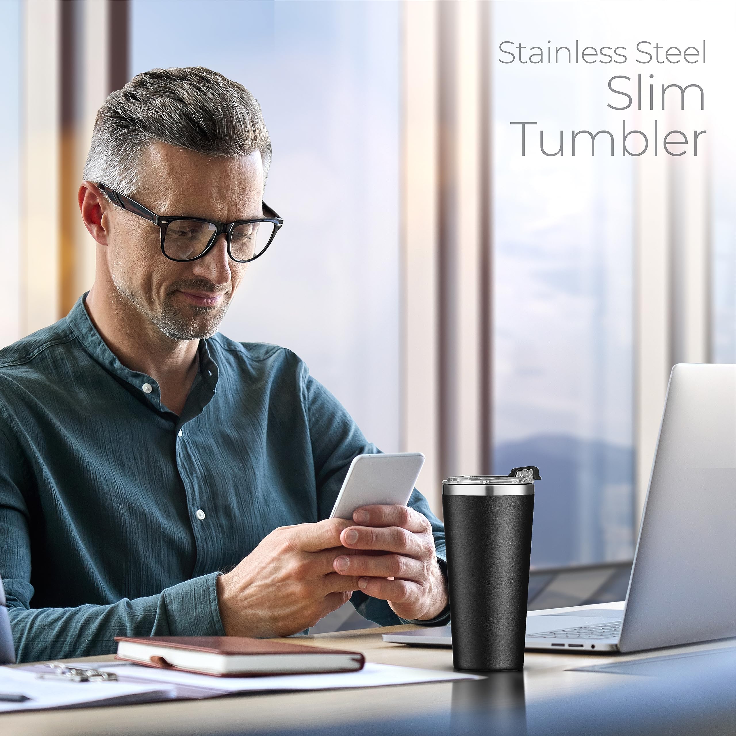 SIPX™ 16 oz Insulated Coffee Tumbler with Leakproof Lid – Stainless Steel, Vacuum Insulated – Keeps Drinks Hot or Cold for Hours – Cupholder Friendly Travel Mug – Black