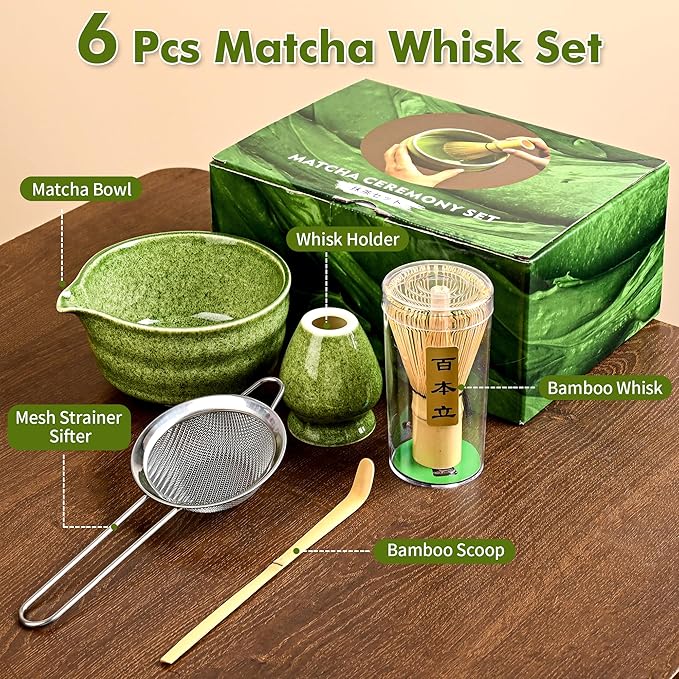 Matcha Whisk Set-Japanese Matcha Tea Kit includes Matcha Bowl with Spout,Matcha Whisk,Holder,Scoop,Sifter,Matcha Set for Making Matcha Latte,Tea Ceremony,Gifts for Family for Christmas Birthday