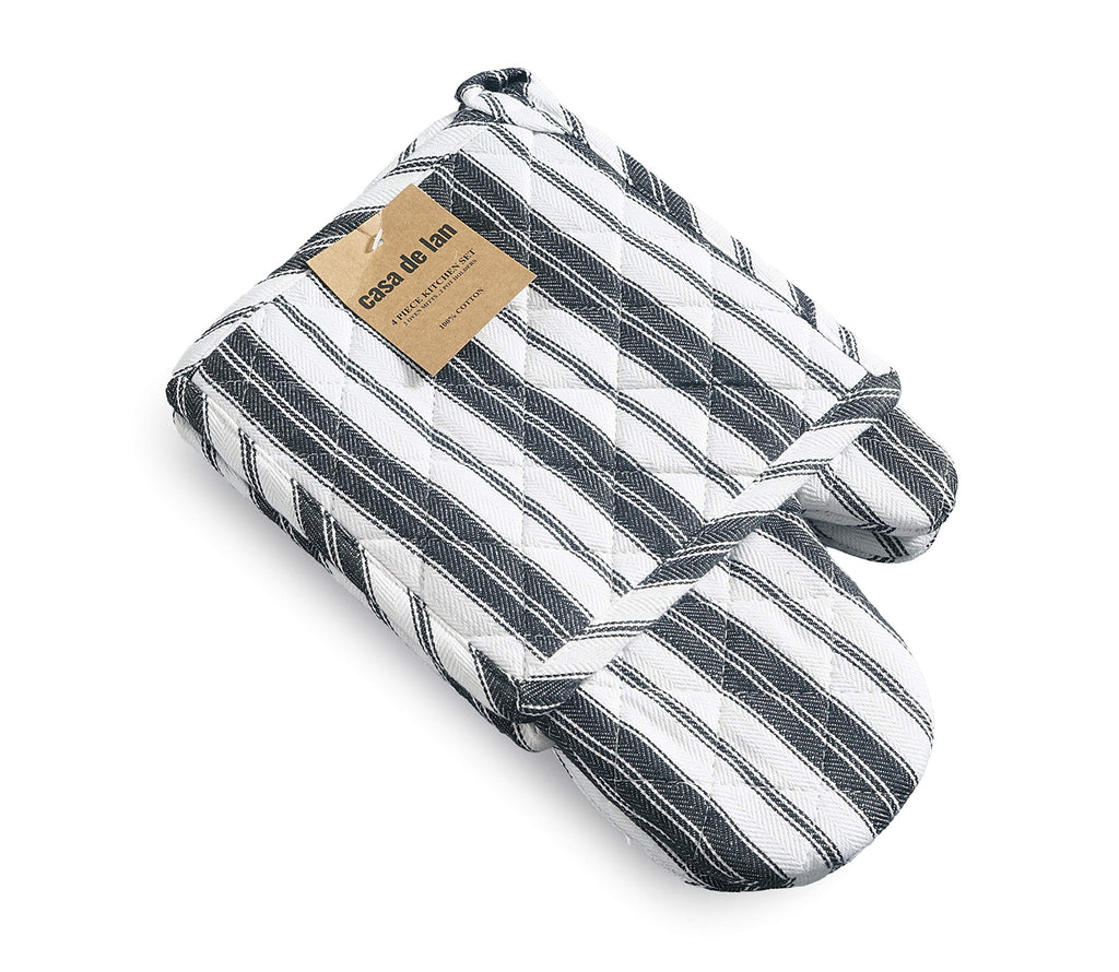 Oven Mitts & Potholder Set - Durable Heat Resistant Gloves - Thick Mittens for Kitchen - Suitable for Cooking, Baking, Grilling - BBQ- 2 Oven Mitts & 2 Potholders - Black Stripes - Casa De Lan