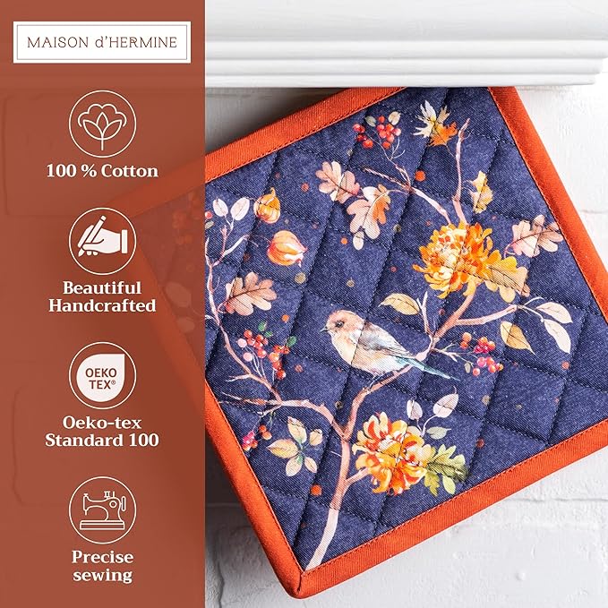 Maison d' Hermine Pot Holders Set 100% Cotton Heat Resistant Potholders 8" x 8" Hot Pads with Loop BBQ, Cooking, Baking, Grilling, Kitchen, Handling Hot Pans (Pack of 2, Kelim - Infinity)