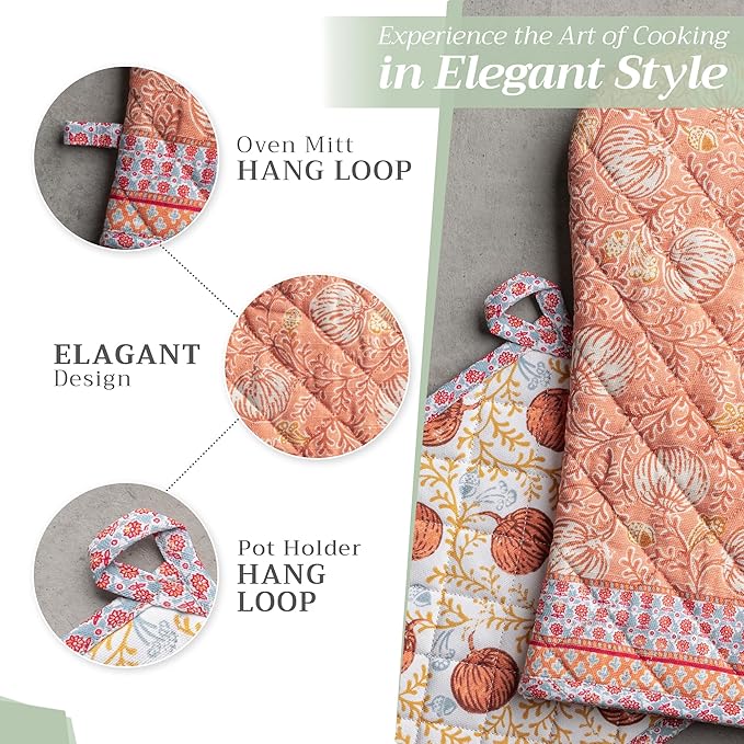 Maison d' Hermine 100% Cotton Oven Mitt & Pot Holder Set (7.5"x13" & 8"x8") Heat Resistant BBQ Cooking Gloves with Loop, Baking, Grilling, Kitchen, Handling Hot Pans (Harvest Festival)