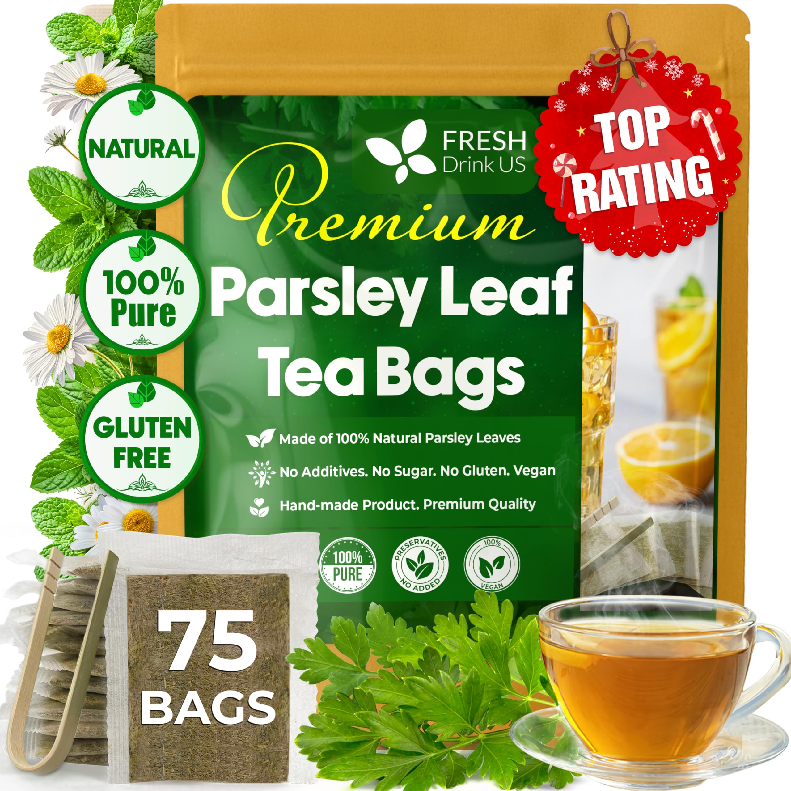 FreshDrinkUS, Premium Parsley Leaf Tea - 75 Bags, 100% Natural & Pure. Made with Eco-Conscious Tea Bags. No Sugar, No Caffeine, No Gluten, Vegan.