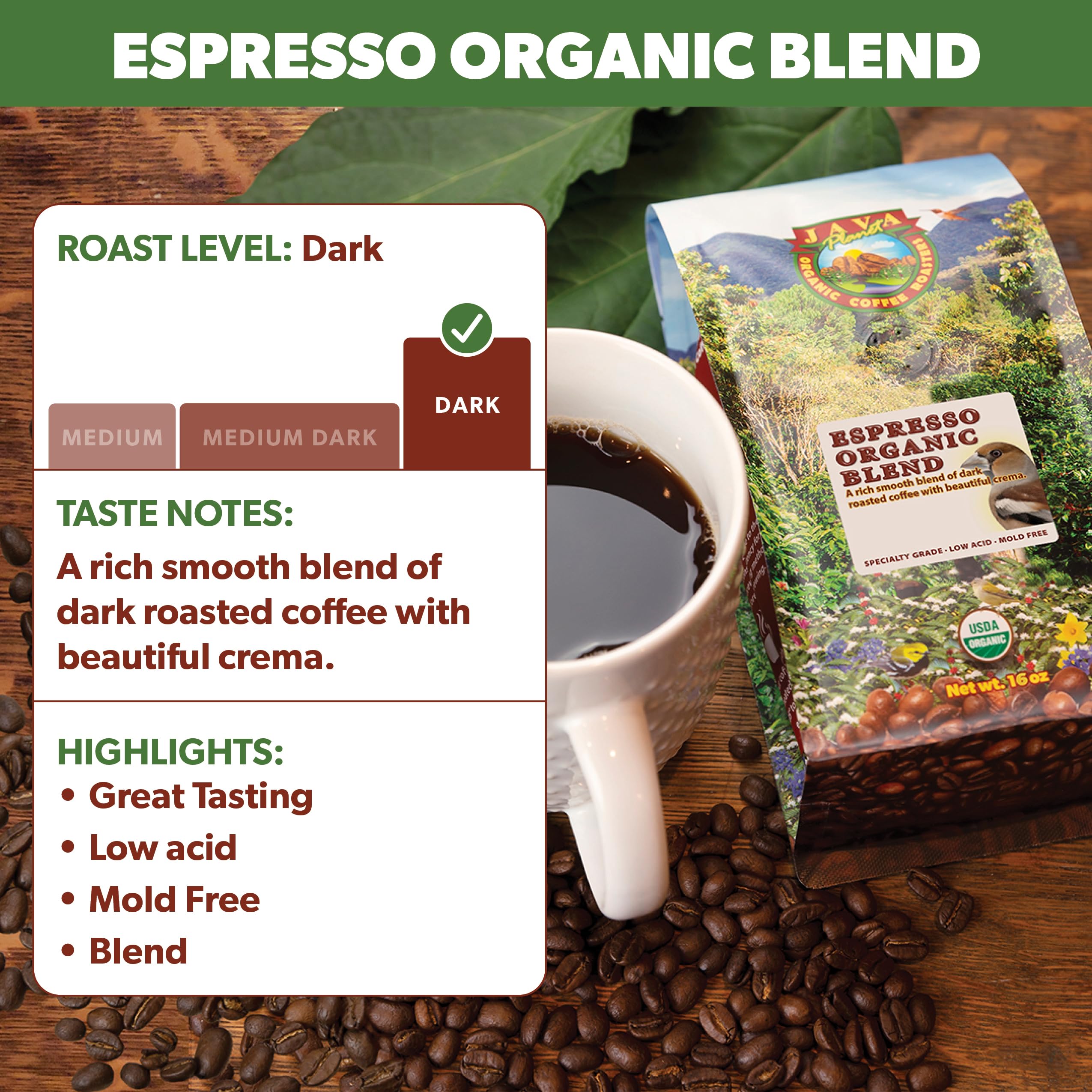 Java Planet Organic Espresso Beans, Whole Bean Dark Roast Coffee, 32 oz