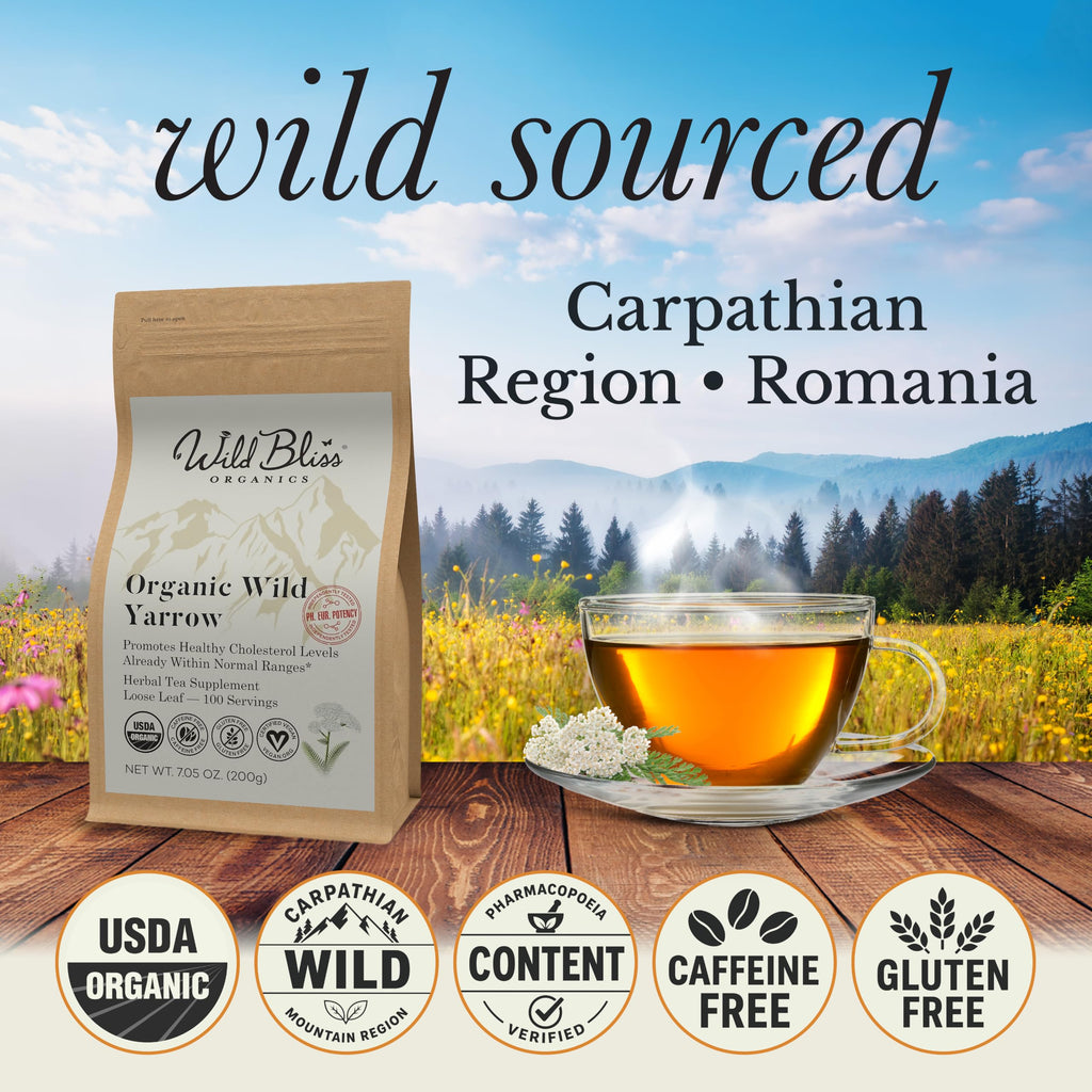Wild Bliss Organic Yarrow Flower Tea - Caffeine Free Loose Leaf Herbal Tea - Pharmacopoeia Potency - 7 Ounces - 100 Servings