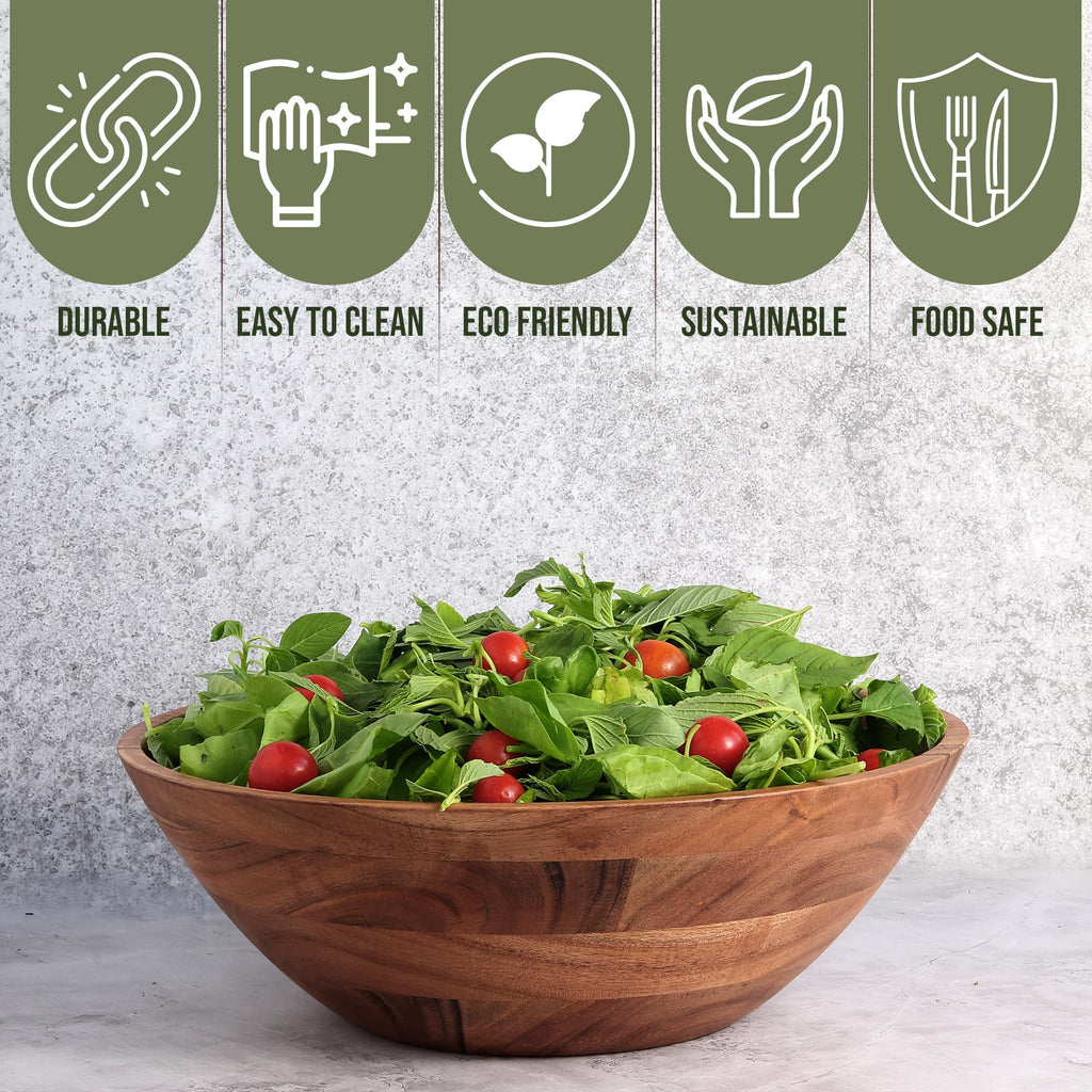 Luxe Designs Wooden Salad Bowl Set - Food Safe & Sustainable Decorative Bowl - Wood Bowl for Fruits, & Salads - Easy to Clean Large Salad Bowls Set w/Spoon, Fork – Wooden Bowls for Food