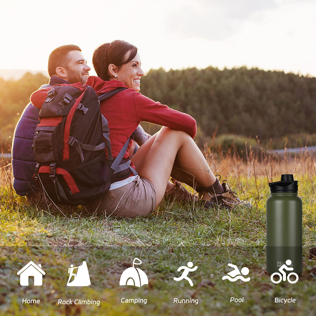 HASLE OUTFITTERS 32 oz Insulated Water Bottle Stainless Steel Double Walled Vacuum Sports Water Bottle with 2 Lids (Straw and Spout Lid) for Gym Camping Hiking（Army Green,1）