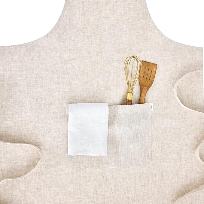 Solino Home 100% Pure Linen Apron for Women & Men - Light Natural Stripe Full Midi Bib Apron, Adjustable Neck Strap with Center Pockets for Kitchen, Chef - Handcrafted from European Flax