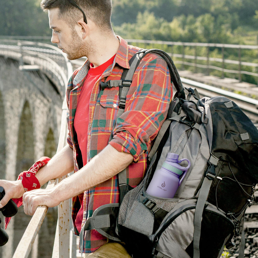 IDEUS Insulated Stainless Steel Water Bottle with 2 Leak-Proof Lids, Thermal Water Flask for Hiking Biking, 32oz, Violet