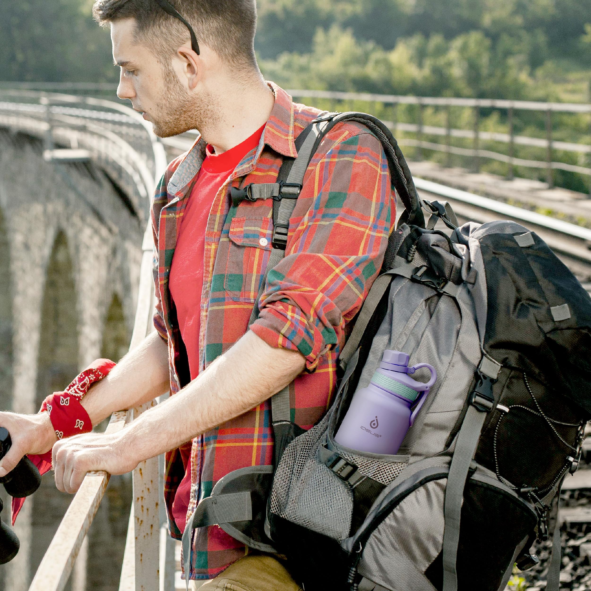IDEUS Insulated Stainless Steel Water Bottle with 2 Leak-Proof Lids, Thermal Water Flask for Hiking Biking, 32oz, Violet
