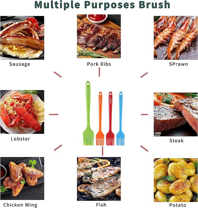4PCS Silicone Basting Pastry Brush, MONGSEW Heat Resistant Food Brush Spread Oil Butter Sauce for BBQ Grill Baking Kitchen Cooking, BPA Free, Dishwasher Safe (Multicolor, 4 Pcs)
