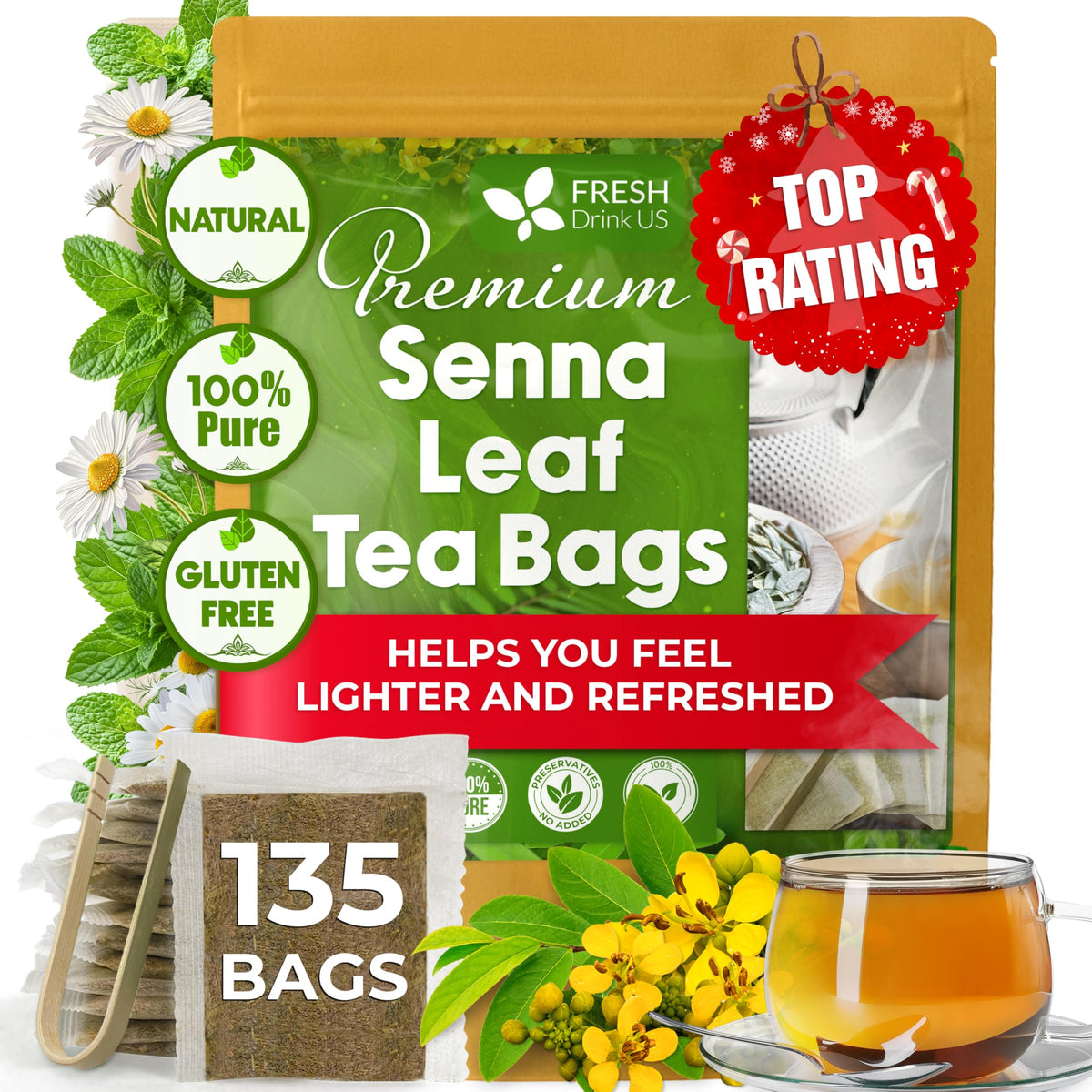 FreshDrinkUS, Premium 135 Ginger Turmeric Tea Bags, 100% Natural Ingredients, Hand-Made Blend of Ginger and Turmeric Herbal Tea, Eco-Conscious Tea Bags. No Sugar, No Caffeine, No Gluten, Vegan.